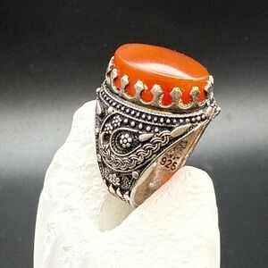Beautiful Sterling 925 Carnelian Turkish Ottoman Persian Style Ring Sz 9.5 10.5g